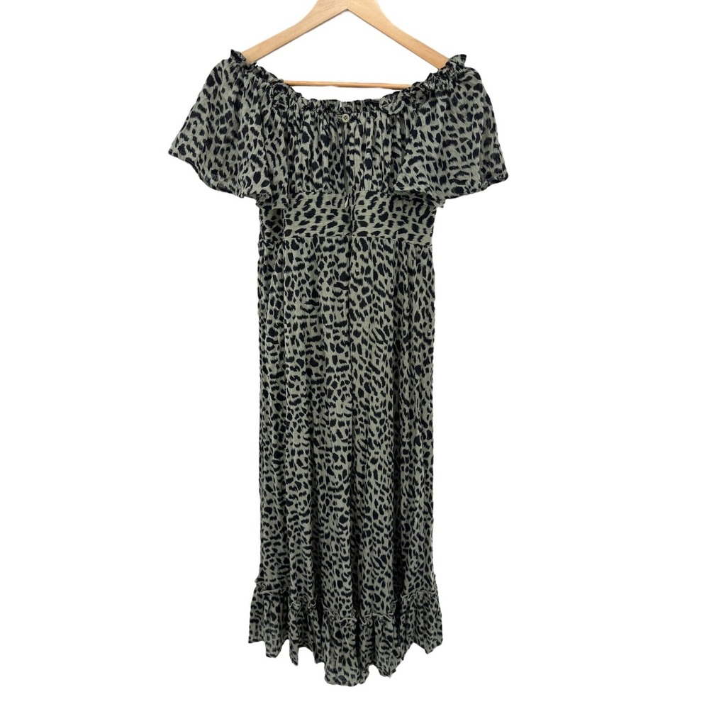 Petal & Pup Womens Olive Green Leopard Pattern Ruffle Off Shoulder Midi Dress 6 - Picture 5 of 6